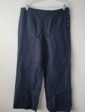 Talbots Navy 100% Linen Pant Wide Leg Side Buttons pockets Sz 8